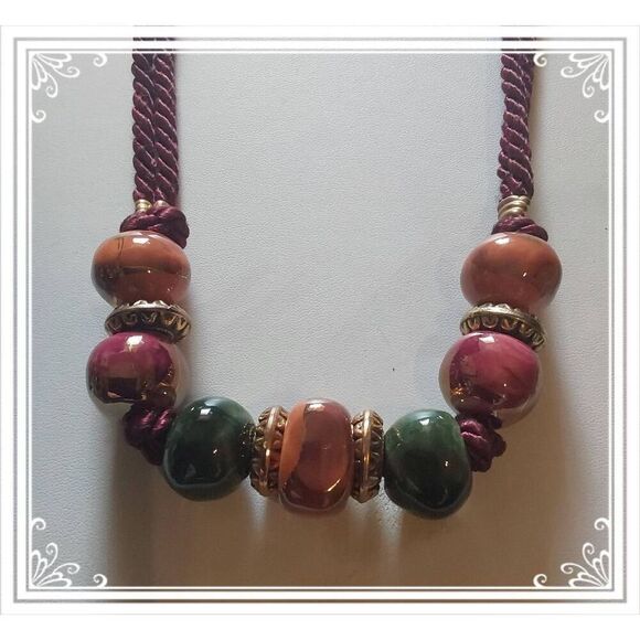 Pretty Topaz & Malachite Bead Brown Velvet Rope Statement Necklace - Picture 2 of 3